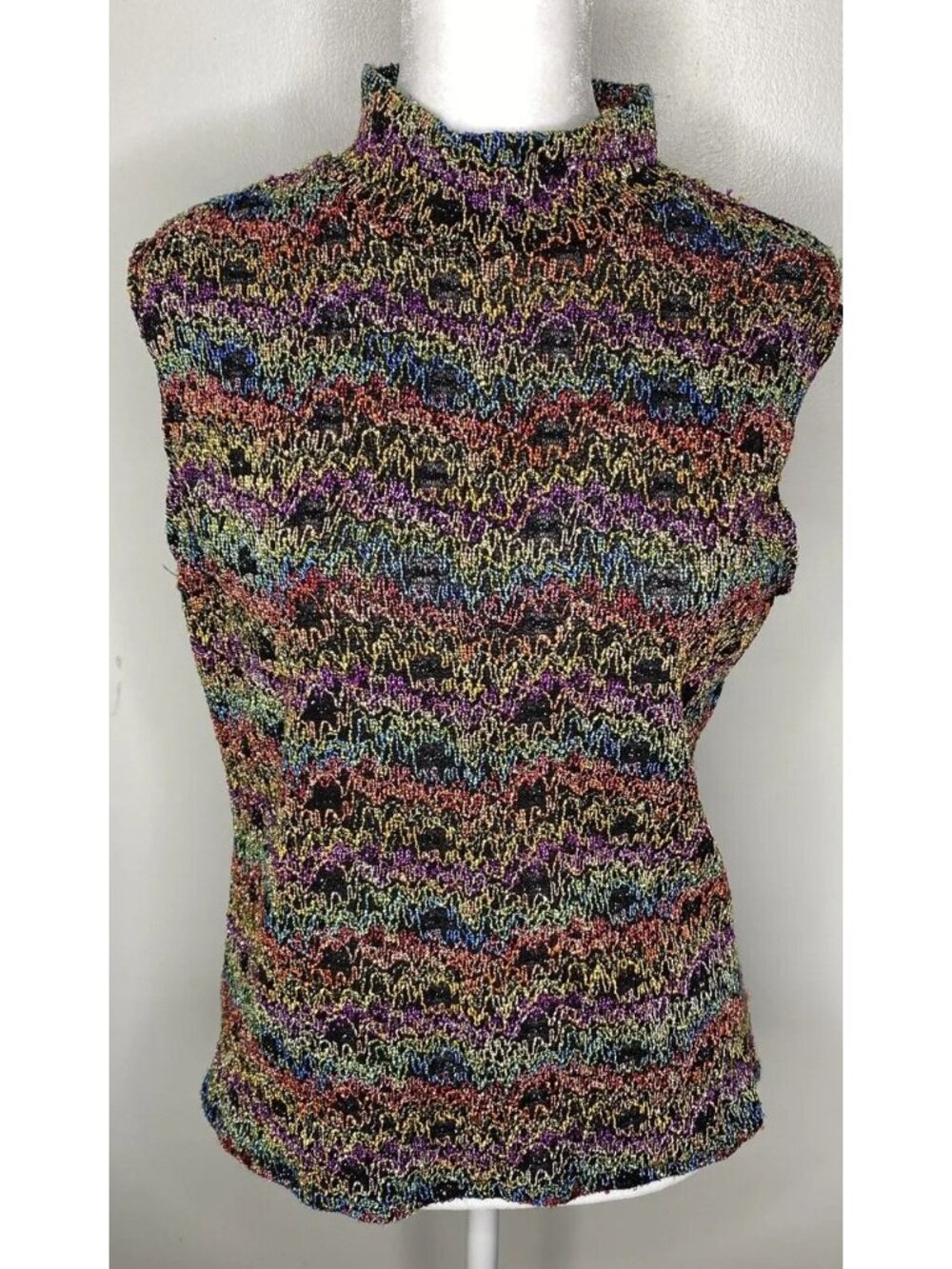 Vintage 90s Large High Turtle Neck Sleeveless Ranbow G Wheels Top Sweater